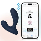 The Svakom Vick Neo 2 Interactive Heating Prostate Vibrator in navy blue is pictured beside a smartphone with the SVAKOM app for remote control, available on the App Store and Google Play.